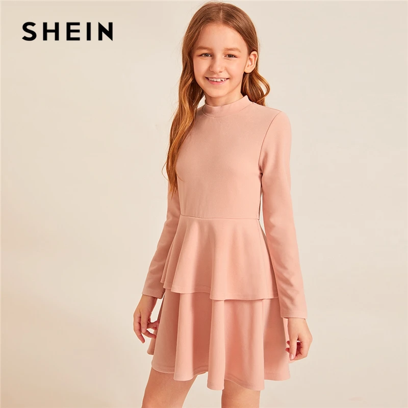 

SHEIN Kiddie Pink Solid Stand Collar Double Tiered Layer Cute Dress 2019 Autumn Long Sleeve Ruffle Hem Zipper Back Mini Dresses