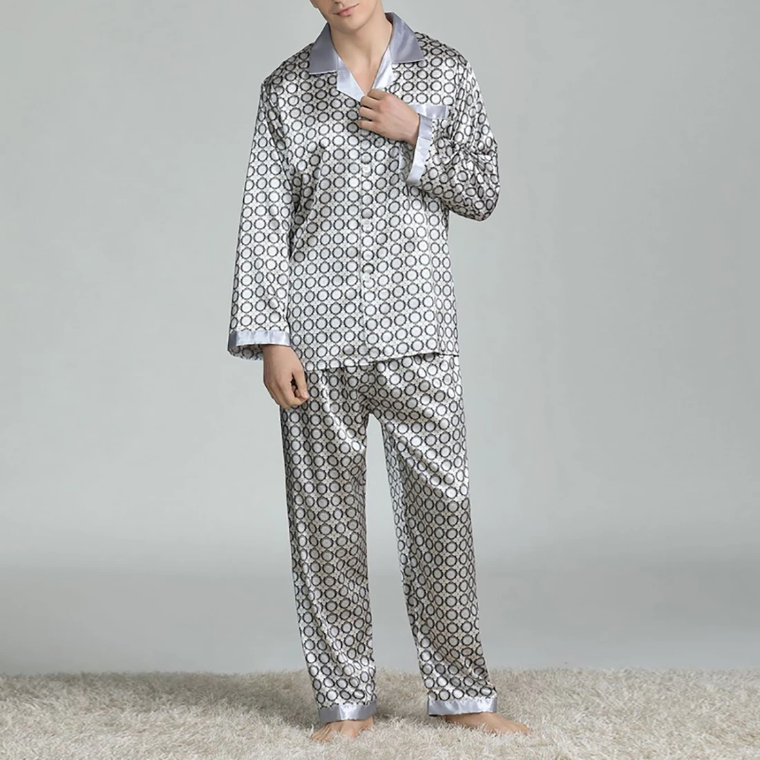 Mens Stain Silk Pajama Sets Pajamas Men Sleepwear Modern Style Printed Silk Nightgown Home Male Satin Soft Cozy Sleeping Pajamas mens cotton pajama bottoms