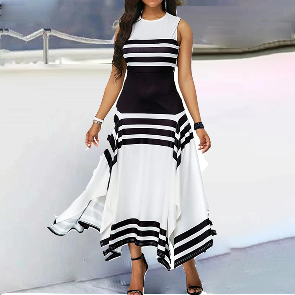 DS Art Modern Stripe Print Sleeveless Dress