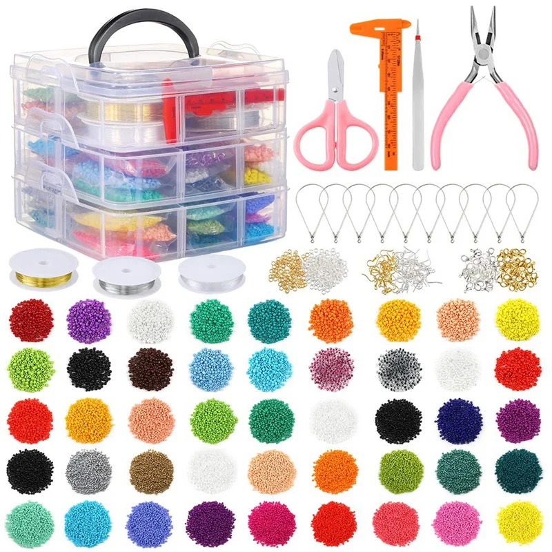 

27009 Pieces Glass Seed Beads Kit, Multiple Sizes Craft Seed Beads with Small Pony Beads, Beading Hoop Earring and Other Accesso
