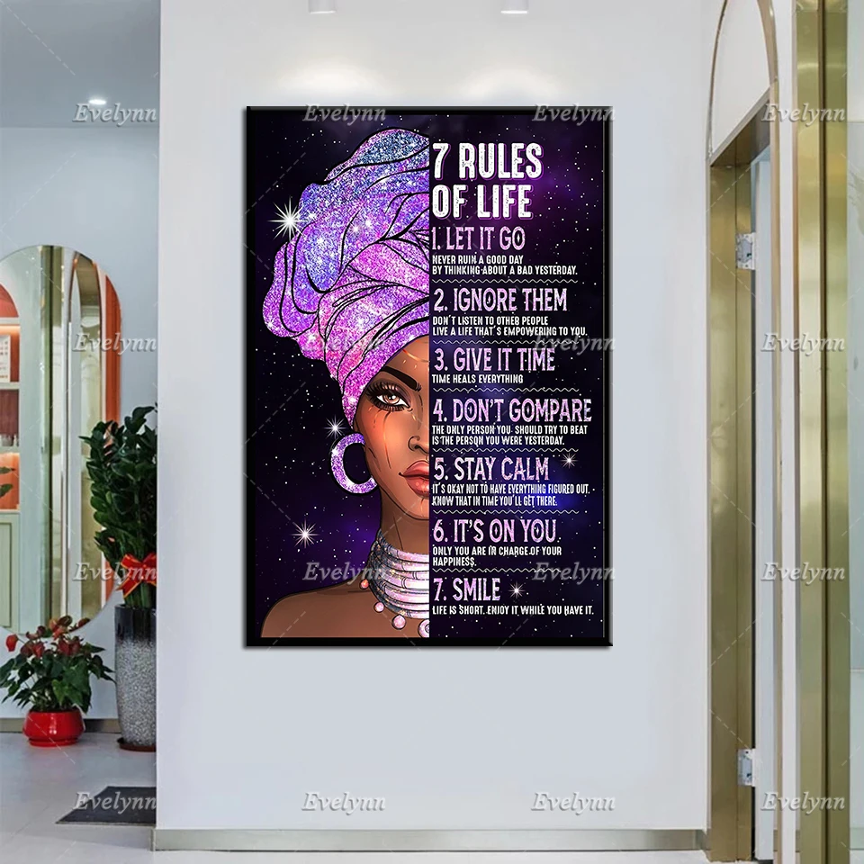 7 Rules Of Life Posters,Black Queen Canvas Wall Art, Black History Month, Afro Hair Art Home Decor,Black Girl Magic Unique Gift