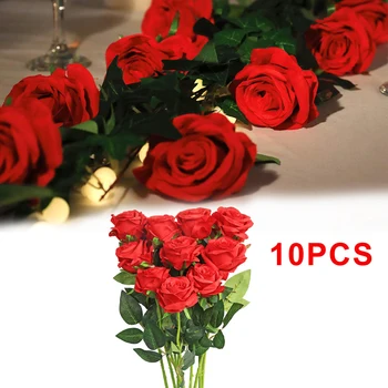

Artificial Flowers Silk Roses Fake Bridal Wedding Bouquet for Home Garden Party Floral Decor 10 Pcs (Red Straight Stem)