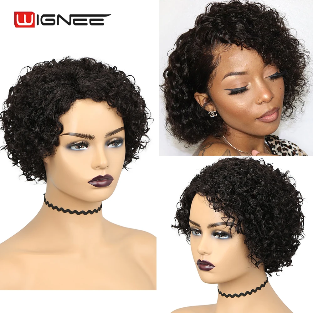 Cheap Curly-Wigs Short Hairstyle Human-Hair Side-Part Wignee Pixie-Cut Women Wig-Colored Bob 9YaLQVoQnx5