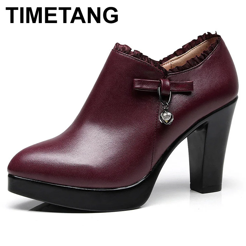 TIMETANGPlus/Size35-43Women; обувь с глубоким носком на каблуке; коллекция года; теплые кожаные туфли-лодочки на платформе; женские офисные туфли на высоком каблуке; e1290