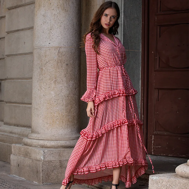 Europe And America Origional Design WOMEN'S Dress New Style Bohemian Dress Thousand Plaid Light Formal Dress Long Skirts