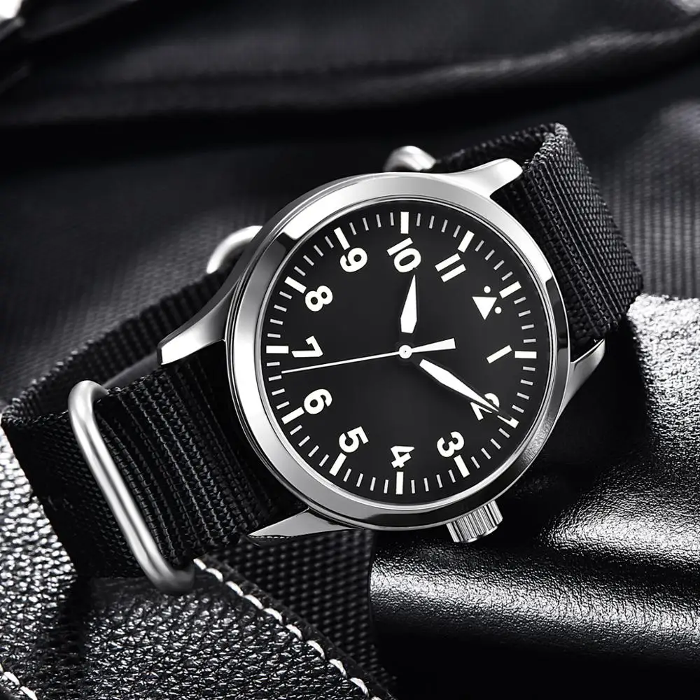 Tanie 42mm Corgeut Nylon wojskowy mężczyźni automatyczne luksusowej marki wzór sportowy zegar skórzany własny wiatr mechaniczne zegarki na rękę