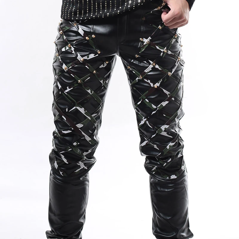 Костюм для ночного клуба черные кожаные брюки рок панк одежда для заклепок бар DS GoGo танцоры DJ костюм танцевальный сценический костюм BL2104 - Цвет: Black