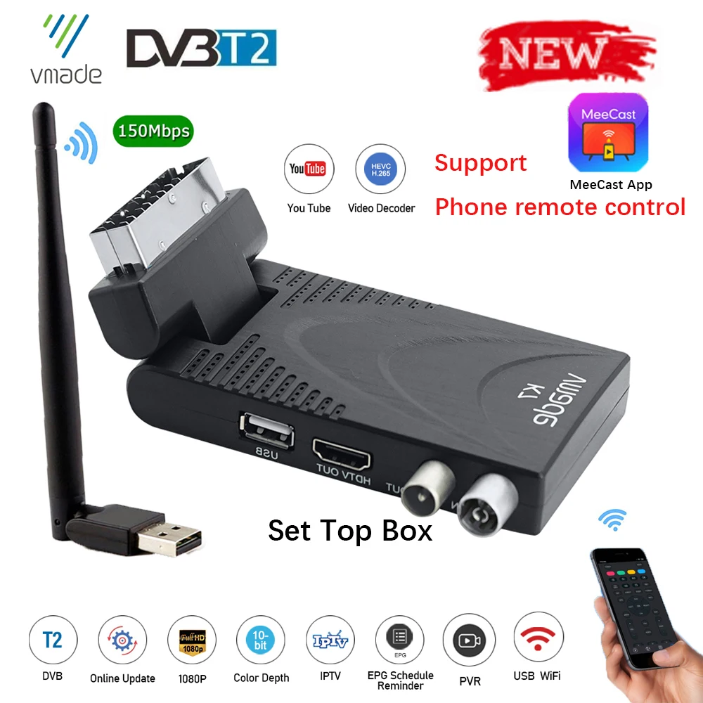 

2020 NEW DVB T2 Digital TV Receiver TV Tuner HD 1080P H.265/HEVC Decoder Set Top Box Support Youtube Spain poland