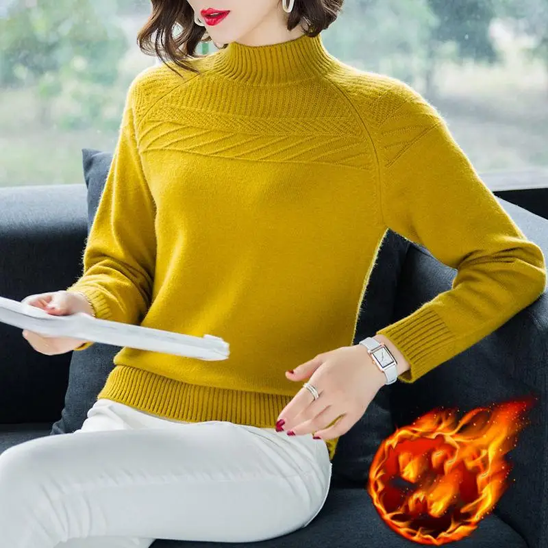 yellow plus velvet Новые зимние женские свободные утепленные флисовые полуводолазки трикотажные пуловеры свитер женский плюс бархатный трикотаж джемпер Топы X55 - Цвет: yellow plus velvet