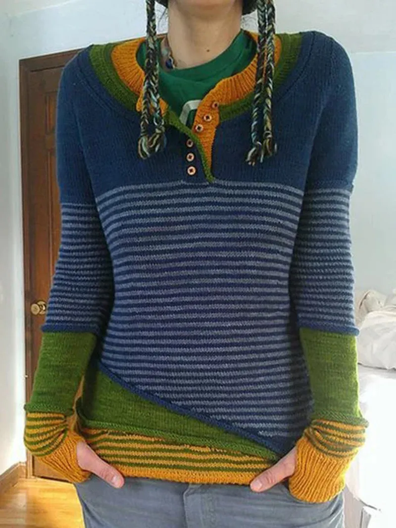 Модные женские осенне-зимние теплые свитера в стиле пэчворк; дизайнерские облегающие пуловеры с длинными рукавами и пуговицами - Цвет: Цвет: желтый