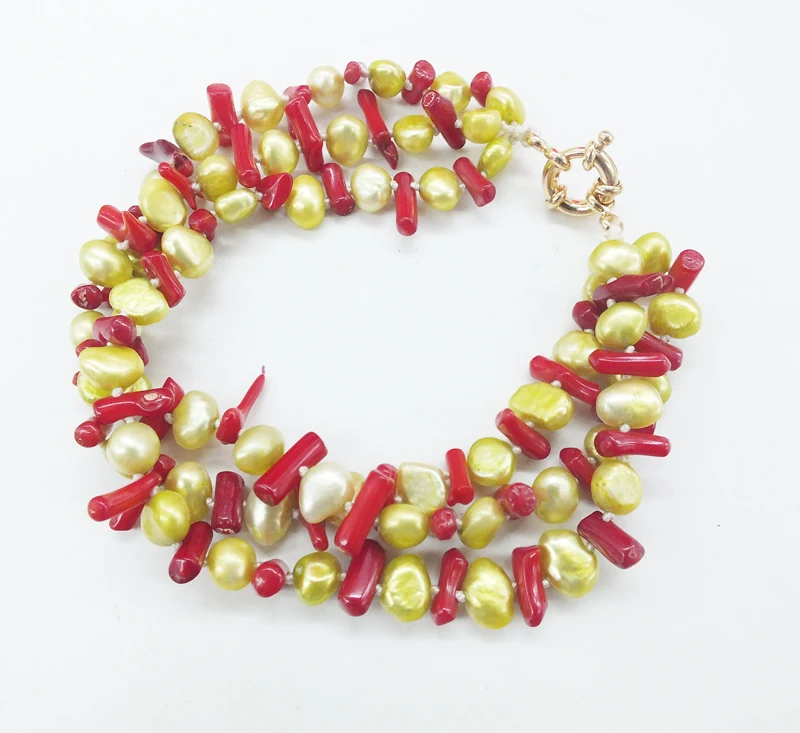 Finally, 9PCS/ lot bracelet, 3 rows of natural Baroque pearls and natural red coral bracelets 8.5"