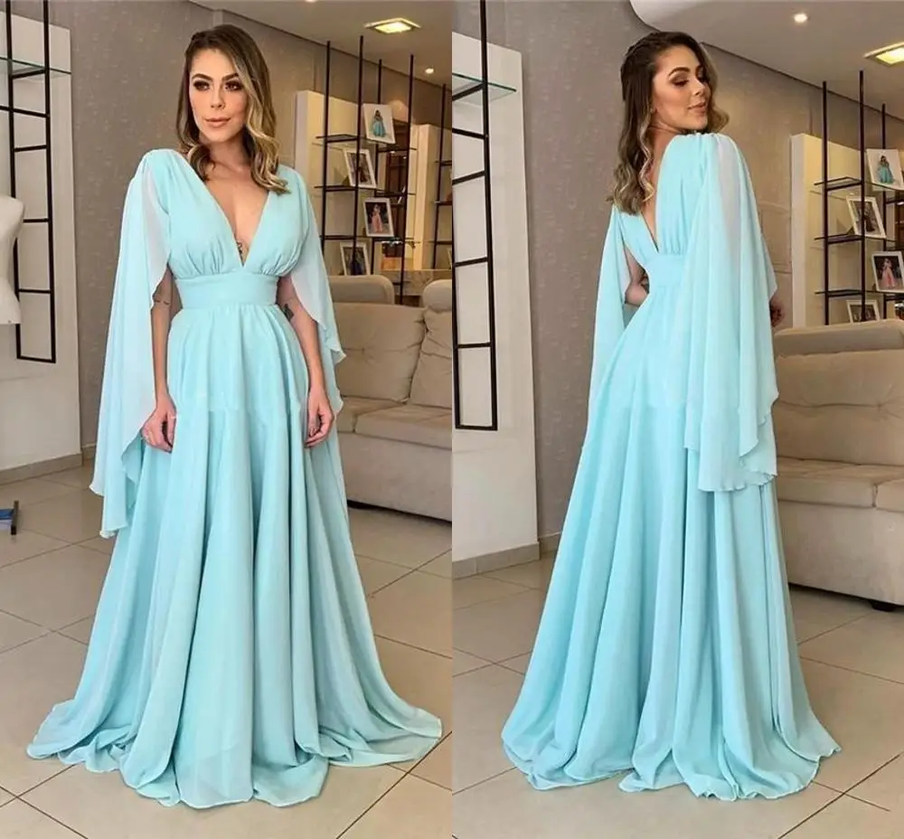 

Elegant Sexy Flutter Sleeves A Line Evening Dresses Deep V Neck Long Sleeves Chiffon Pleats Formal Dress Evening Party Gowns