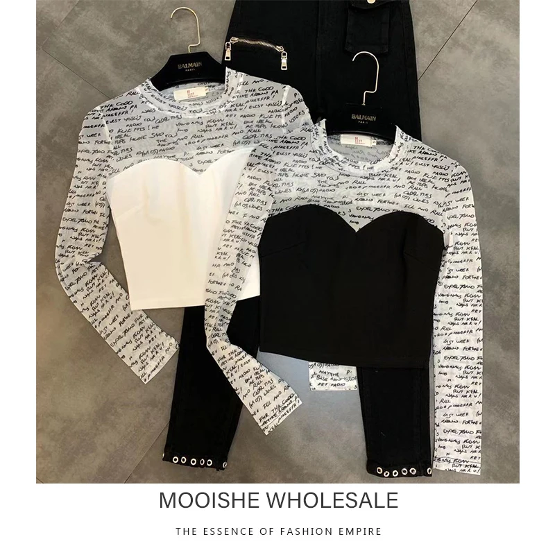 

2019 Autumn New Letter Mesh Yarn Stitching Cloth Decoration Trend Short Women Tee Shirt