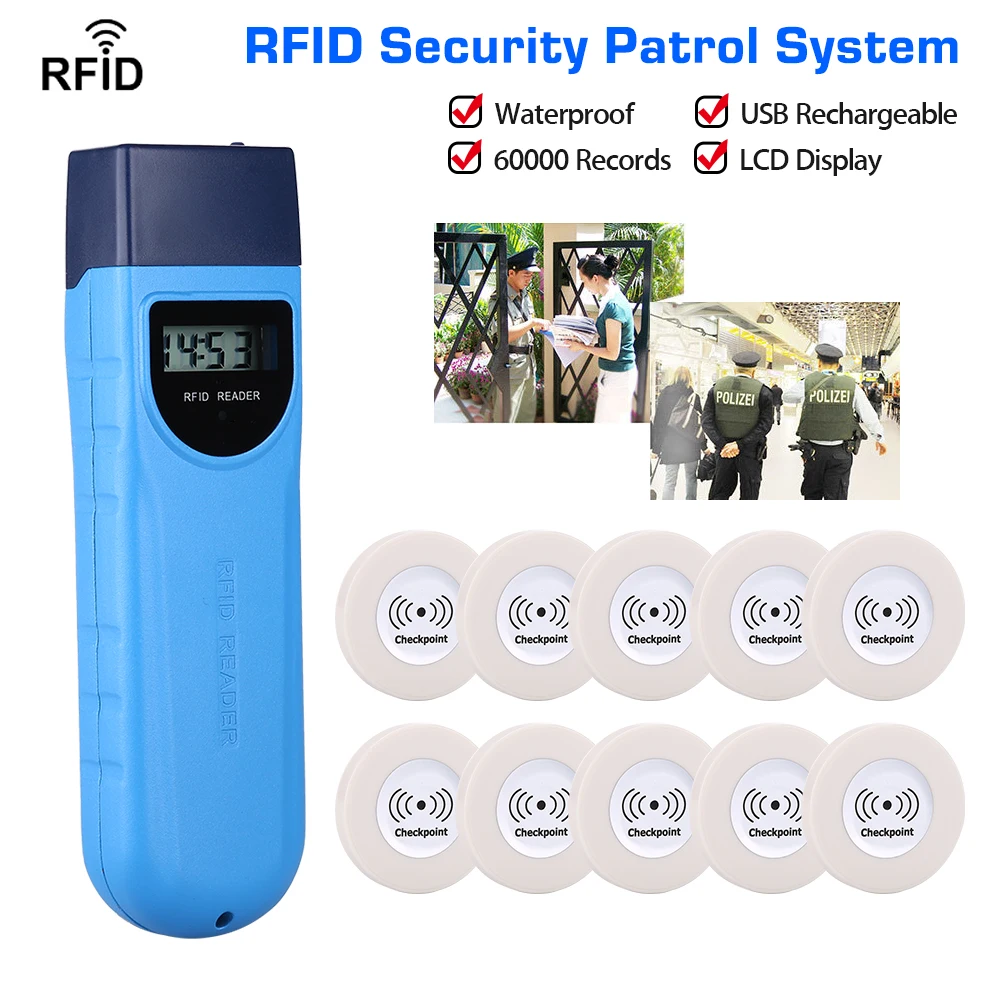 

LCD Display Waterproof Anti-broken Guard Patrol Wand RFID Security Patrolling + 10pcs RFID Checkpoint