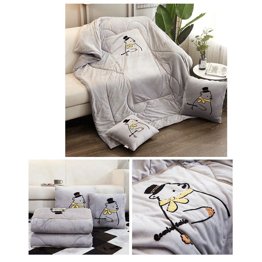 Portable Foldable Square Throw Pillow Multifunctional Crystal Velvet Cartoon Quilt Blanket For Home Office Supplies