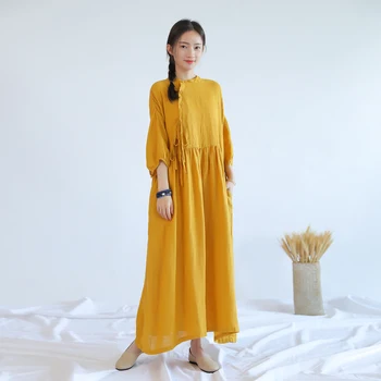 

Chinese retro style solid color three quatre sleeve cotton and linen women one piece dress