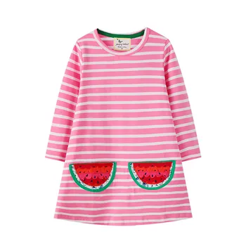 

Jumping Meters New Arrival Stripe Baby Party Dress for Autumn Spring Girls Cotton Clothing Watermelon Embroidery Cute Costume