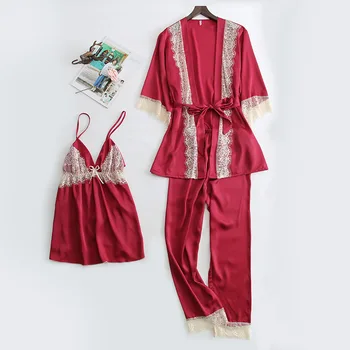 

Chinese Style Bride Wedding Robe Women Sexy Sleepwear 3PCS Pajamas Set Homewear Satin Lace Patchwork Kimono Gown Nightgown