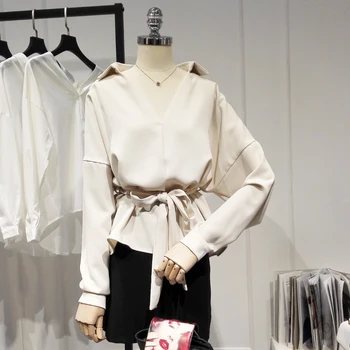 

2020 summer new chiffon women blouse belt loose bat-wing sleeved solid office lady elegant pulls outwear coat tops