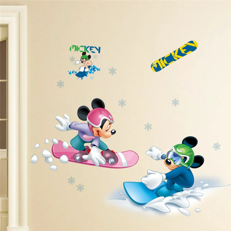 Disney Mickey Minnie Go Skiing Wall Stickers For Kids Rooms Bedroom Home Decor Cartoon Wall Decals Pvc Mural Art DIY Wallpaper
