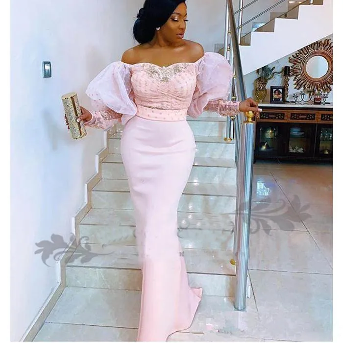 

2020 Nigerian Lace Long Sleeve Evening Dresses Off the Shoulder Puff Sleeves African Arabic Formal Celebrity Prom Party Gowns