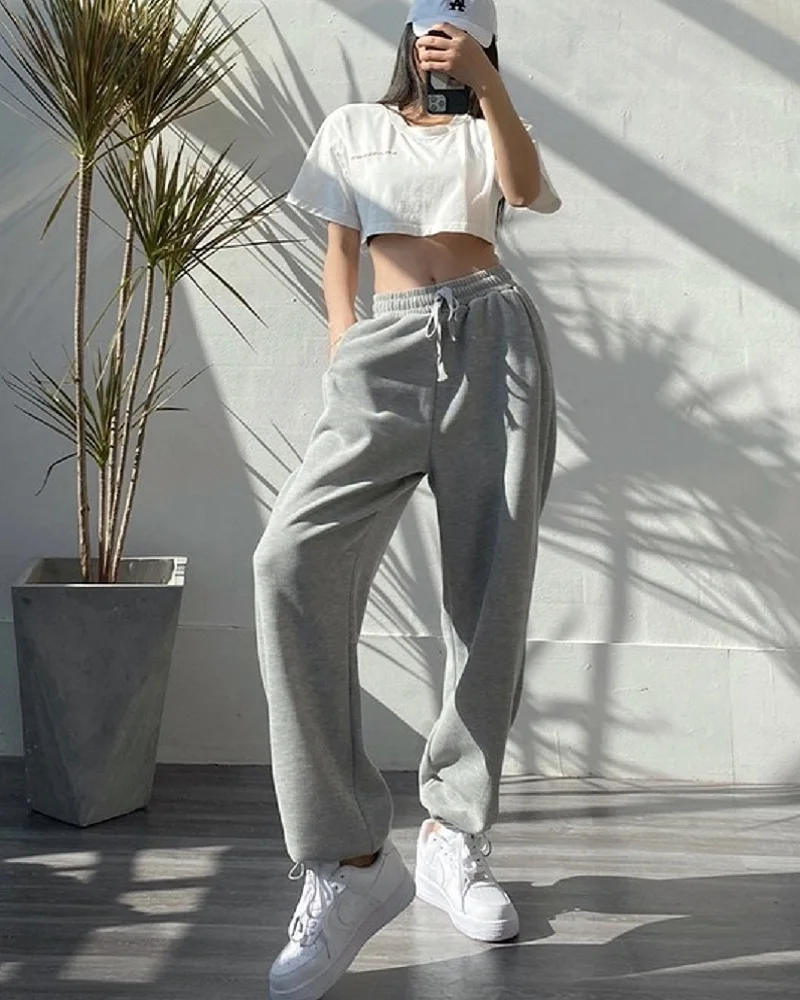 joggers for women HOUZHOU Women Sports Pants Korean Fashion Oversize Gray Jogging Sweatpants Baggy 2021 High Waist Joggers White Trousers Female bell bottom jeans