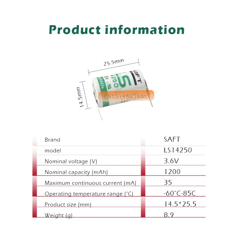 50 шт./лот SAFT LS 14250 LS14250 1/2 AA 1/2AA 3,6 в 1250 мАч литиевая батарея plc с булавками
