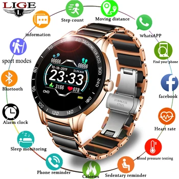 

LIGE Ladies Smart Watch heart rate and blood pressure monitoring luxury ceramic strap fitness tracker for Android iOS SmartWatch