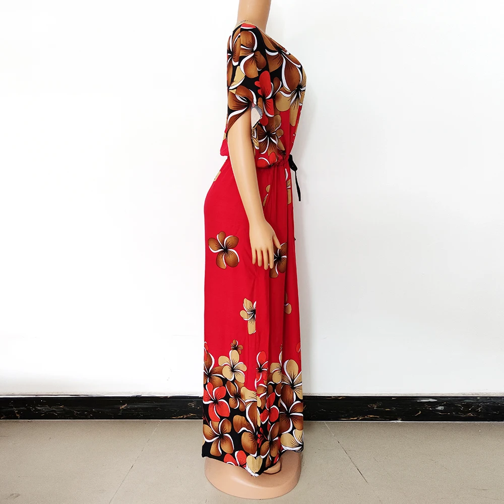 Summer Women' s Dresses African Loose Short Sleeves Colorful Floral Print Long Robe With Scarf Elegant Nigeria Maxi Dress Bazin african couple outfits