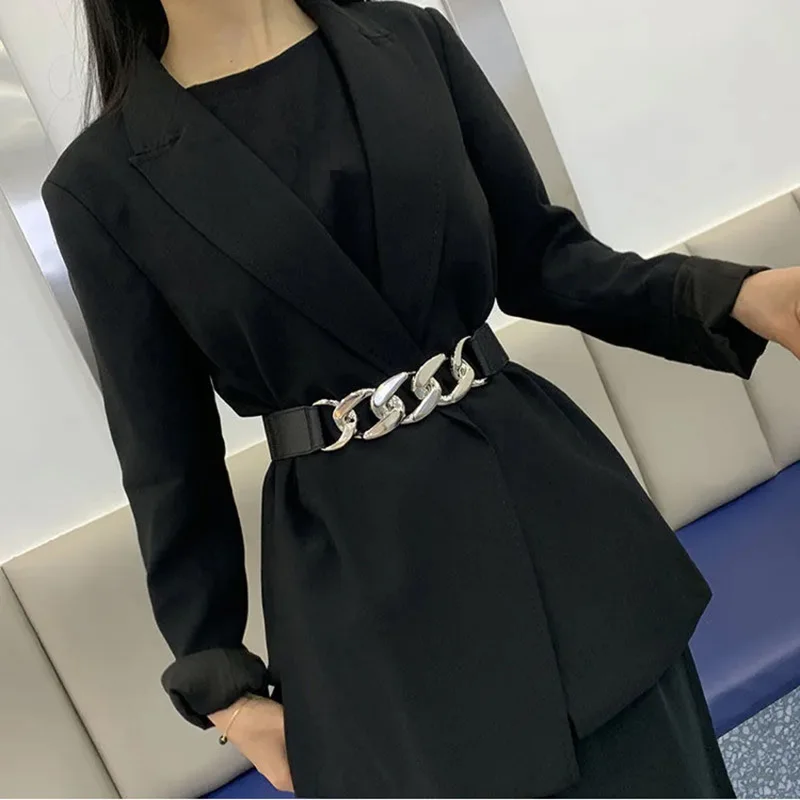 Ladies Fashion Elastic Belt Personality Punk Gold And Silver Buckle With Dress Pants Coat Suit Temperament Waist Seal Waistband