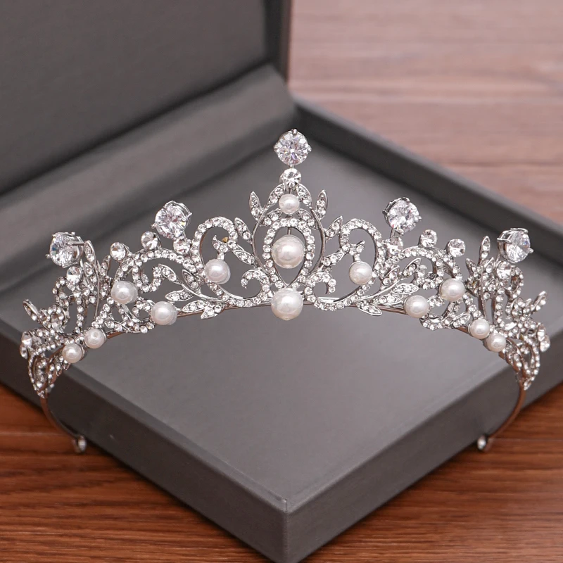 

Silver Rhinestone Pearl Tiara and Crown Princess Diadem Wedding Headband Hair Accessories Bridal Crown Wedding Hair Jewelry
