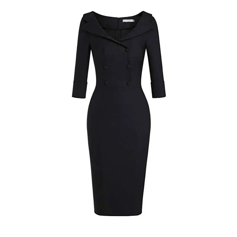 Black MISSJOY, для девушек, карандаш, бизнес, офис, сплошной цвет, элегантные, высокая талия, на булавке, женские платья, осень, 3/4, рукав,, облегающее, для женщин - Цвет: Black