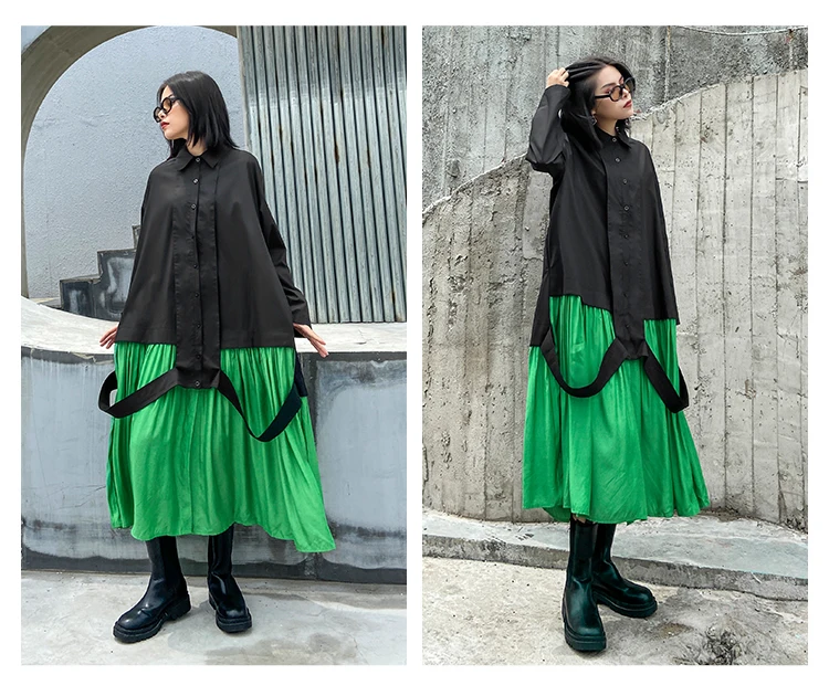 XITAO Patchwork Dress Fashion New Women Single Breast Patchwork Plated Hem 2020 Autumn Minority Casual Style Loose Dress ZP3457