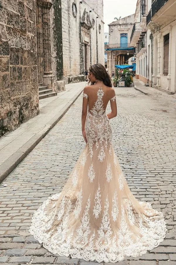 Скромные свадебные платья русалки цвета шампанского Воротник Sheer Jewel Кружева аппликация короткий рукав Свадебные платья Vestido de noiva