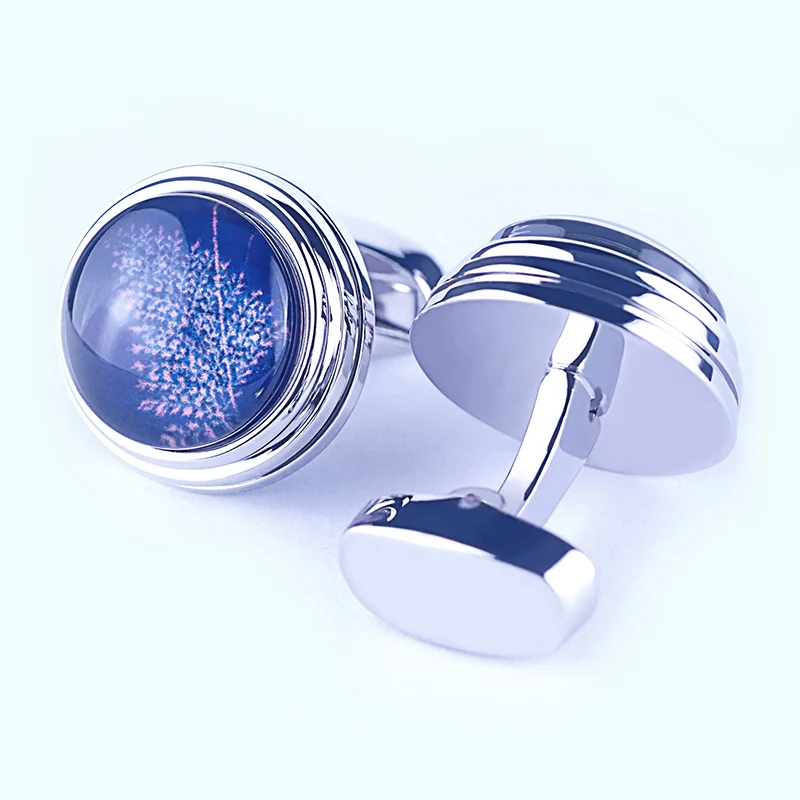 Beautiful  Round Blue Snowflake Stone With flower Rhodium-Plated Cufflinks For Mens Luxury Quality Jewelry