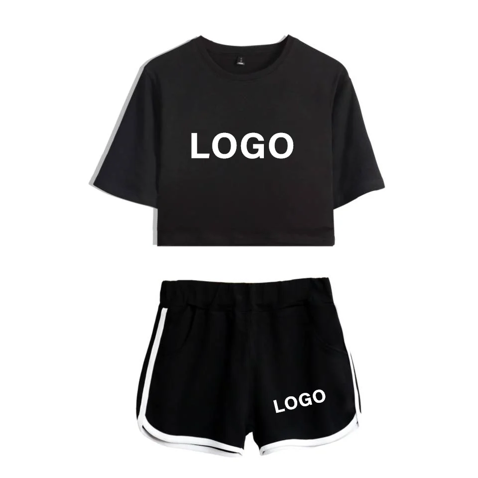 Изготовленный На Заказ комплект из 2 предметов, женский летний спортивный костюм с логотипом DIY, футболка, шорты по индивидуальному заказу, футболка, Прямая поставка, топ, футболка, одежда - Цвет: black