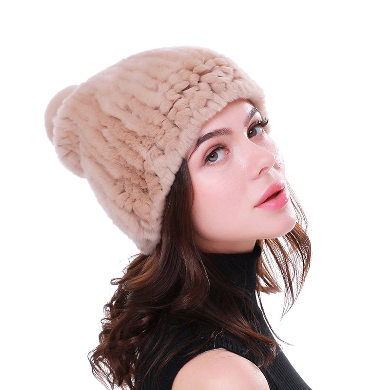 Real rex rabbit fur hat women winter knitted fur beanies cap with fur pom poms new thick female cap Elastic Soft warm