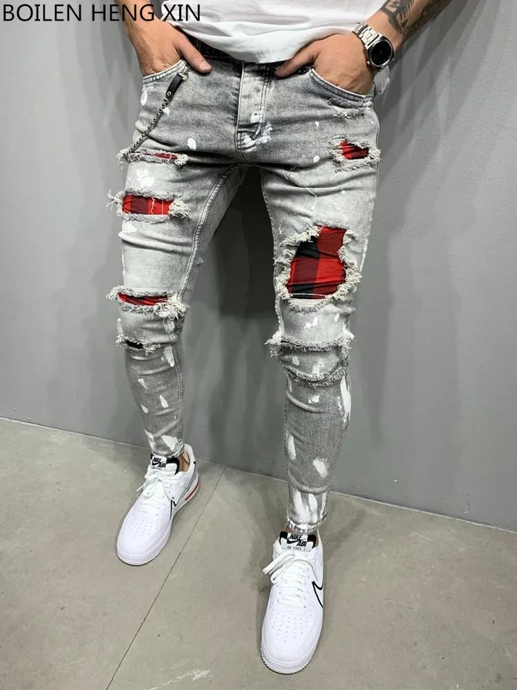 2021 Hot Skinny Jeans Men Ripped Grid 