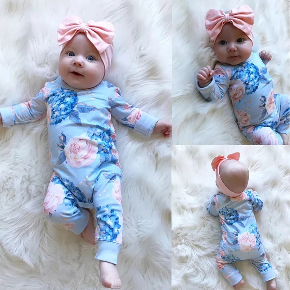 

CYSINCOS Baby Jumpsuit Spring Autumn Flower Print Cotton Romper Playsuit Clothing New Born Baby Cute Clothes with Headband