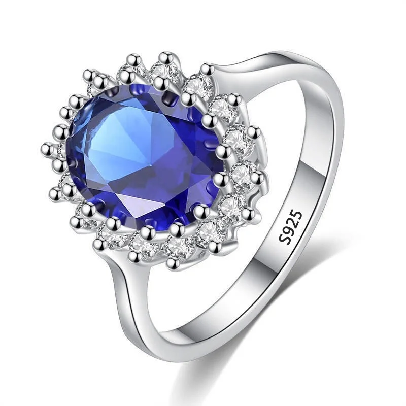 Silver ring princess cut 3.2ct created blue sapphire for women