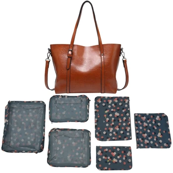 

6Pcs Waterproof Clothes Travel Storage Bags Packingluggage Toiletry Bag & 1 Pcs Women'S Handbag