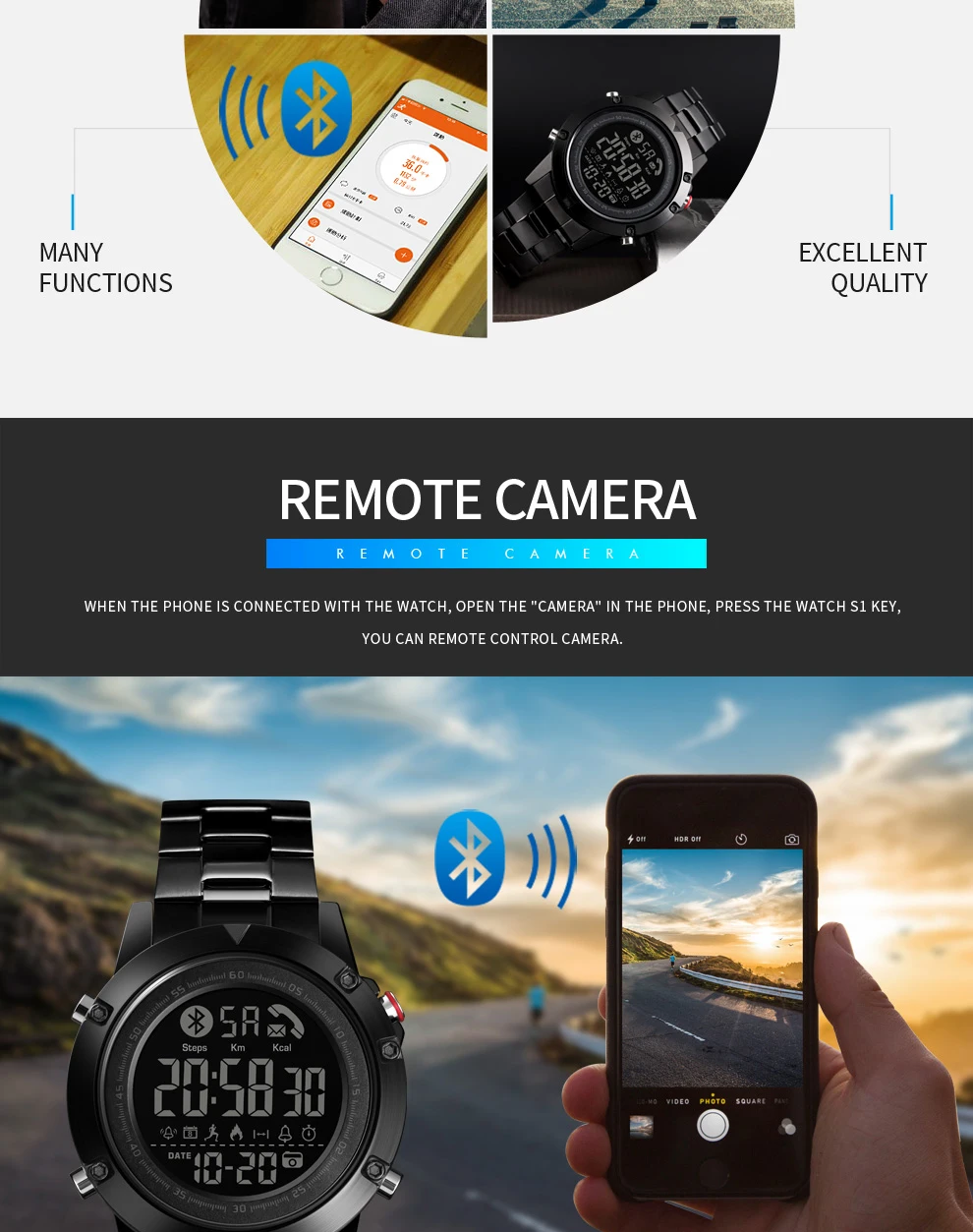SKMEI Smart Bluetooth креативные модные спортивные наручные часы для мужчин Стальной ремешок калорий шагомер Удаленная камера Цифровые часы