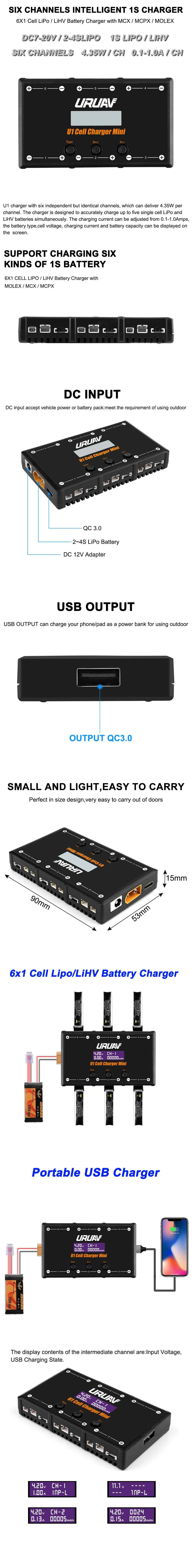 URUAV U1 6 в 1 6X4,35 Вт 6X1A DC 1S зарядное устройство для 1S LIPO/LiHV батарея с USB Micro MCX mCPX MOLEX