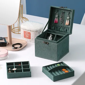

Flannel Jewelry Storage Box Three-tier Portable Necklace Earrings Organizer Lipstick Storage Container With Mirror Can Make Gift