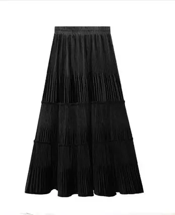 Новинка, осенняя Женская бархатная плиссированная юбка средней длины, зимняя черная Повседневная комбинированная Дамская длинная юбка с эластичным поясом, Женская юбка - Цвет: Черный