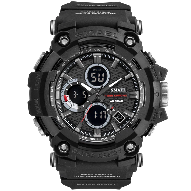 Спортивные часы Dual Time Мужские часы 50 м водонепроницаемые мужские часы военные часы для мужчин 1802D шок Resisitant спортивные часы Подарки - Цвет: Black ash