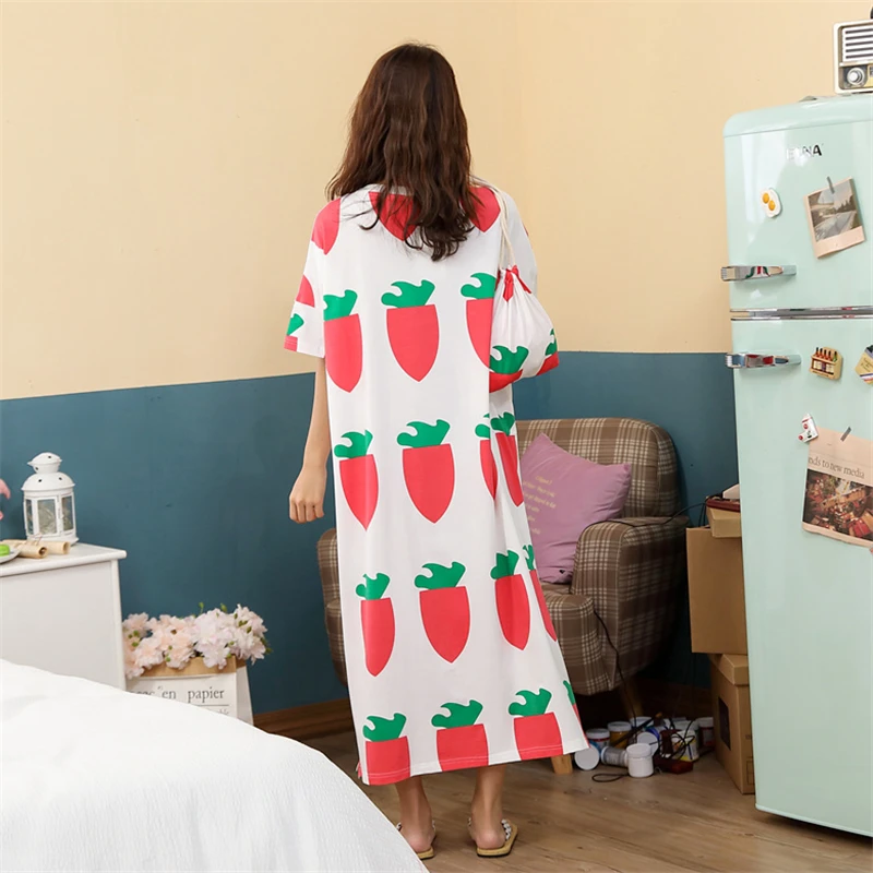 Night Gown Printing Fruits New Arrival Robe Summer Loose Women Sleepwear Kimono Robe XL Leisure Short Sleeve Thin Nightgowns