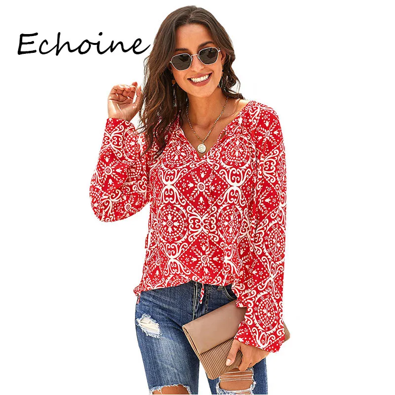 

Echoine Fashion Autumn Print Chiffon Deep V-neck Womens Tops And Blouses Long Sleeve Woman 2019 Plus Size 5 Color