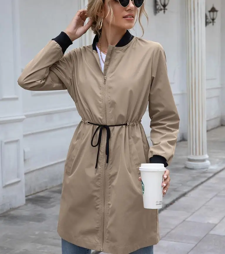 Vestido ceñido largo impermeable al aire libre para mujer, cárdigan de cuello alto de manga larga con bolsillo inclinado, con cordón, prendas de vestir de polvo, otoño