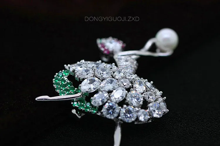 45x56mm Mountain Crystal Silver Plated CZ Micro Dancer Girl With White Pearl Brooch